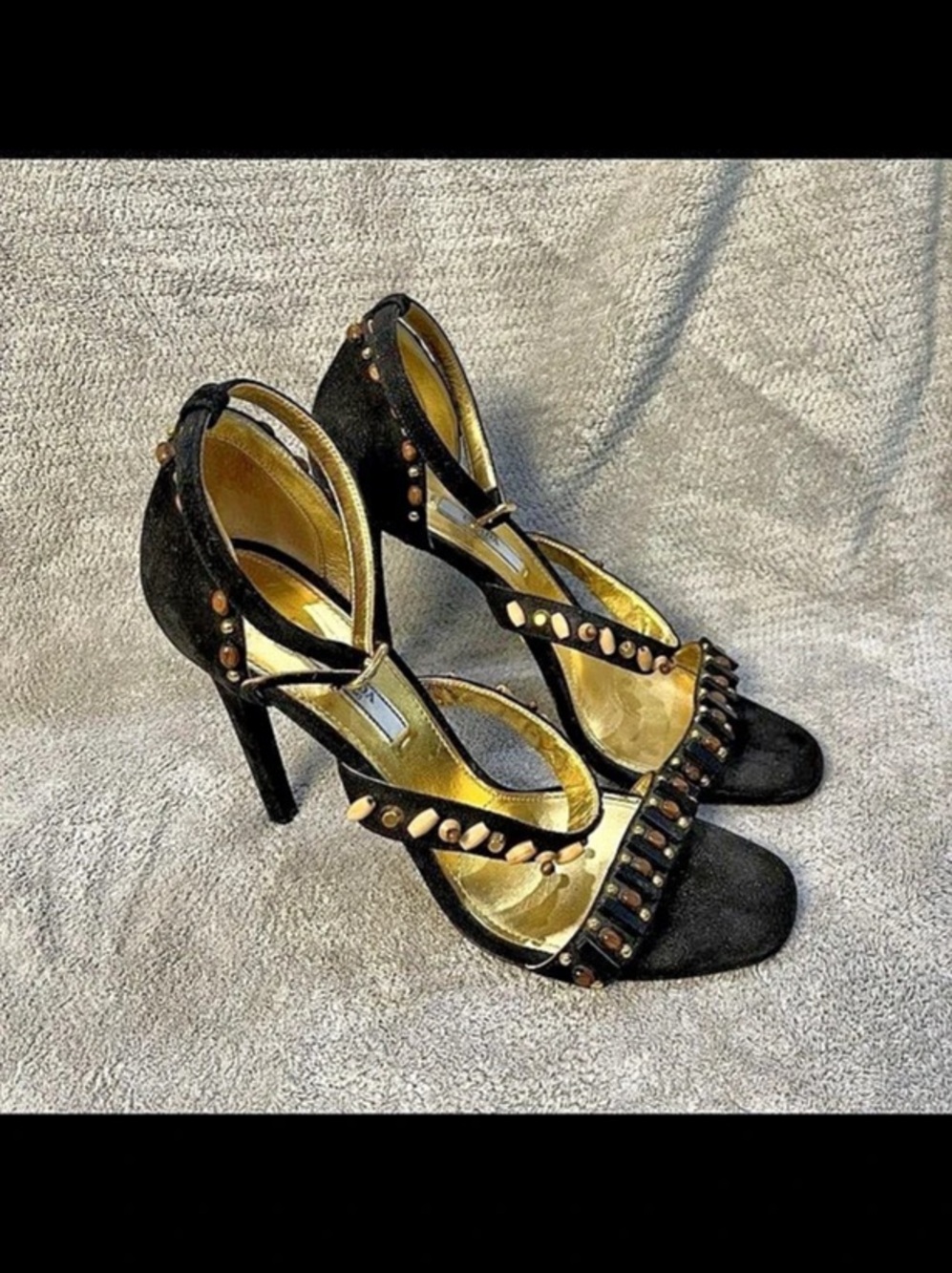 Prada Stiletto Black Beaded Suede Sandals size 40 US 10